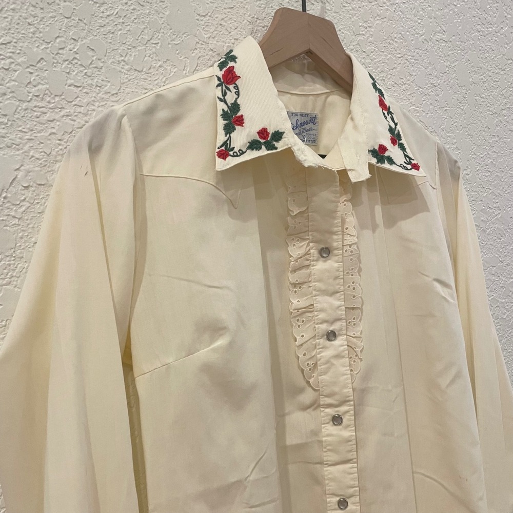 Vintage Rockmount Ranch Wear Cream Embroidered Rose Western Shirt Ruffle Pearl - Picture 3 of 12